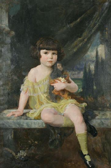 Douglas Volk Young Girl in Yellow Dress Holding her Doll, China oil painting art